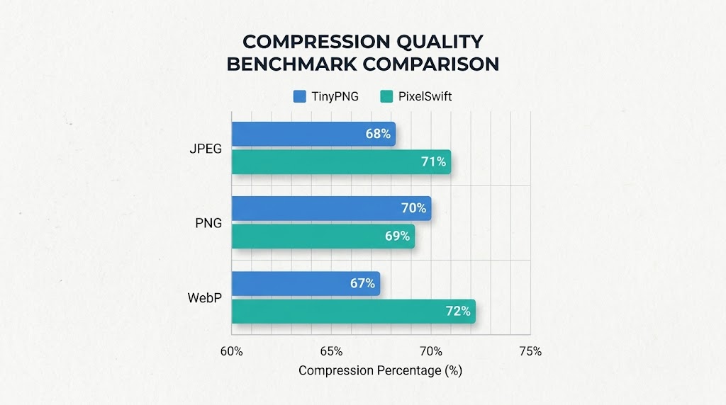 Compression quality benchmark: TinyPNG vs PixelSwift across JPEG, PNG, and WebP formats