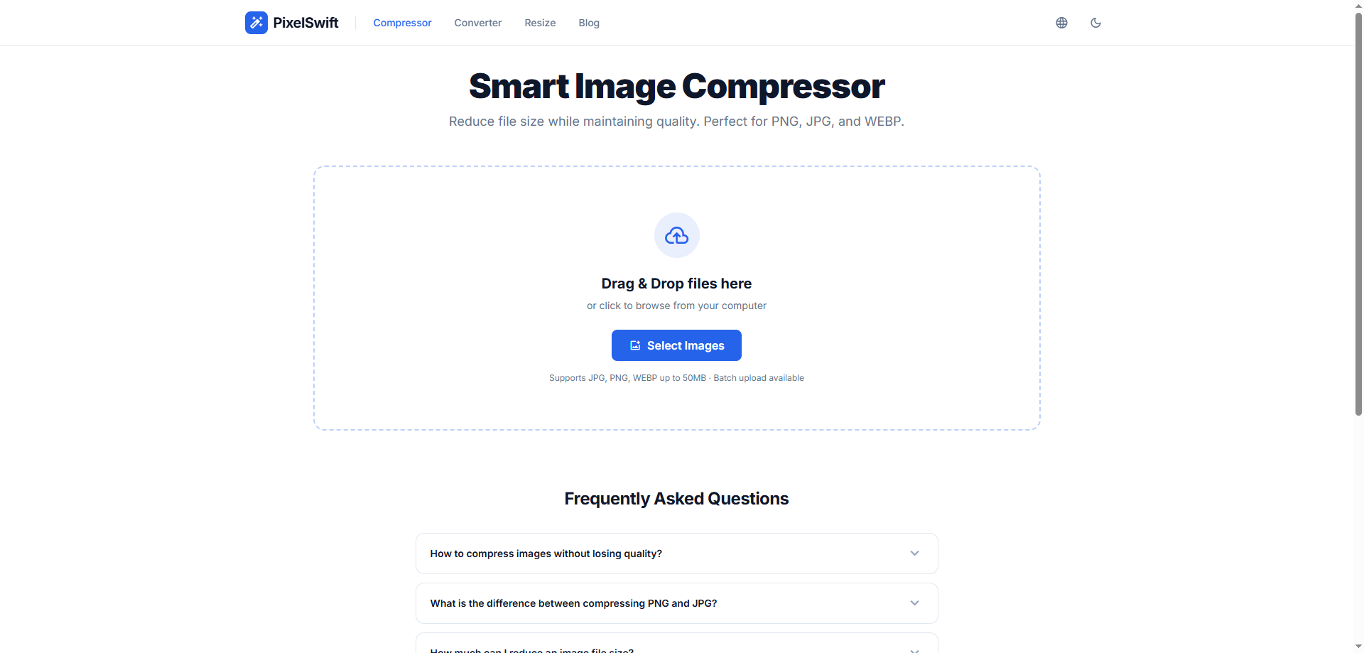 PixelSwift compressor interface with drag-and-drop zone ready for images
