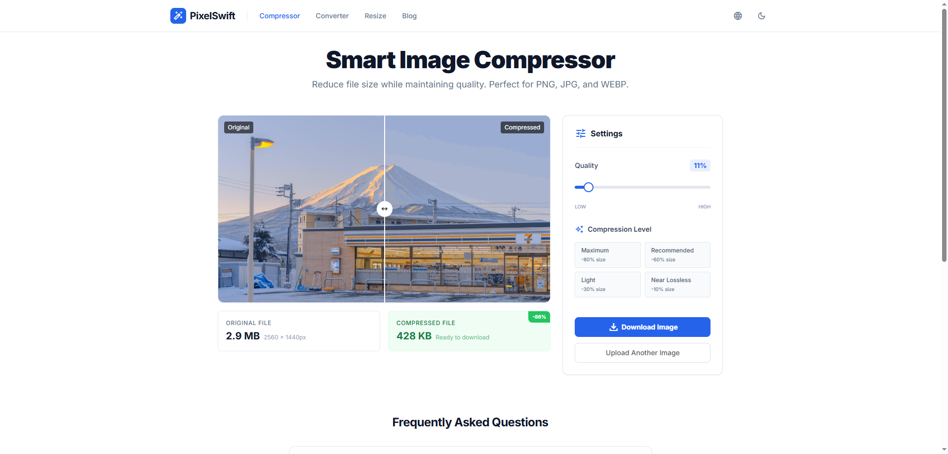 Real-time compression preview showing original vs compressed comparison with quality settings