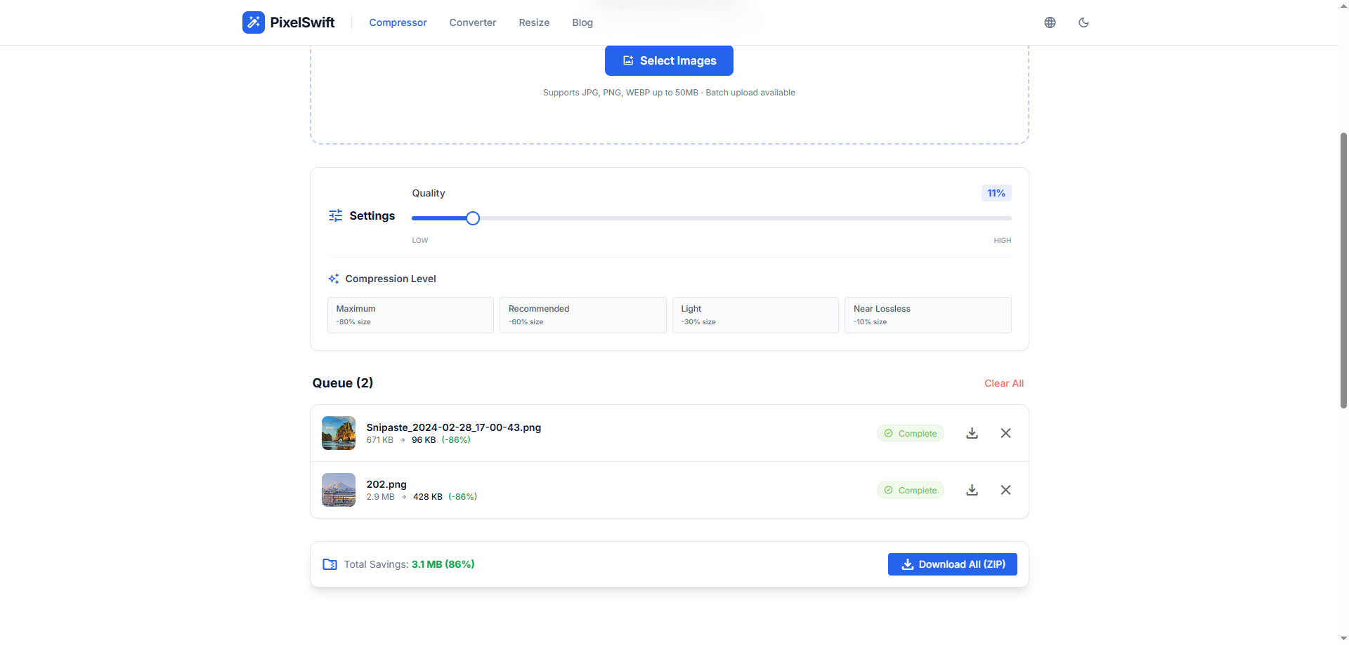 Batch compression results showing multiple files compressed with total savings of 86%